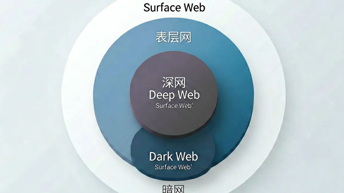 51暗网科普示意图：用层状网络结构展示表层网、深网与暗网之间的关系与边界