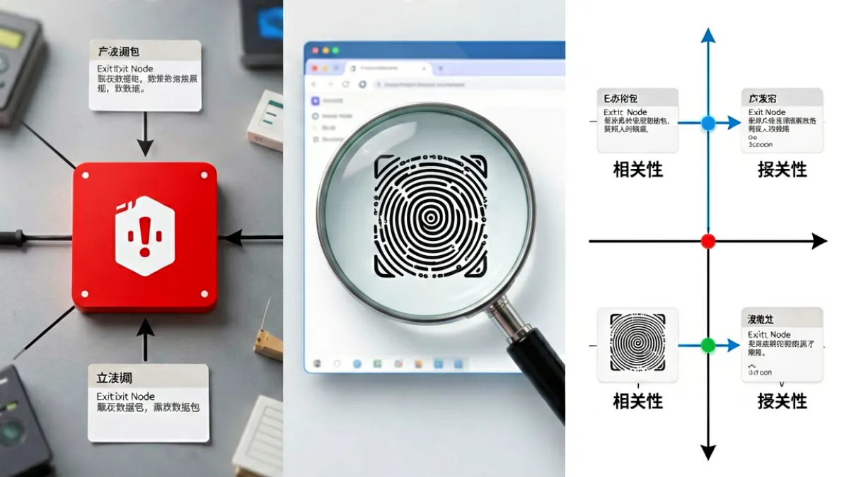 51暗网匿名性漏洞示意：展示出口节点、浏览器指纹、时序攻击三类常见去匿名化攻击路径